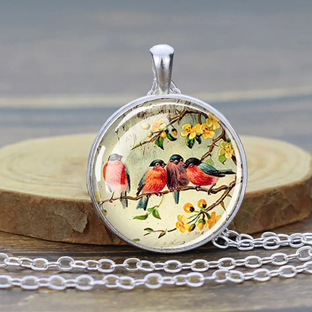 Flock of Birds Glass Dome Pendant Necklace NEW